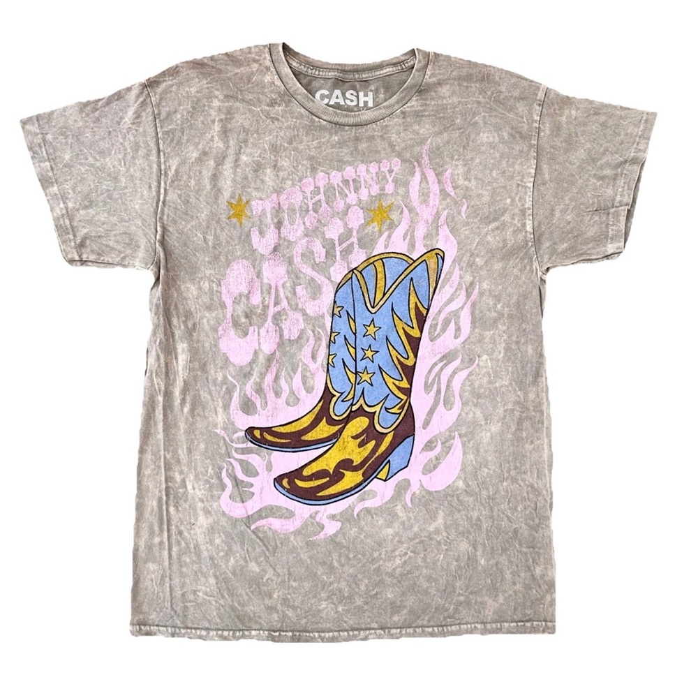 Johnny Cash Grey Tan Pink Flames Cowboy Boots Cotton T-Shirt NWOT Size Large